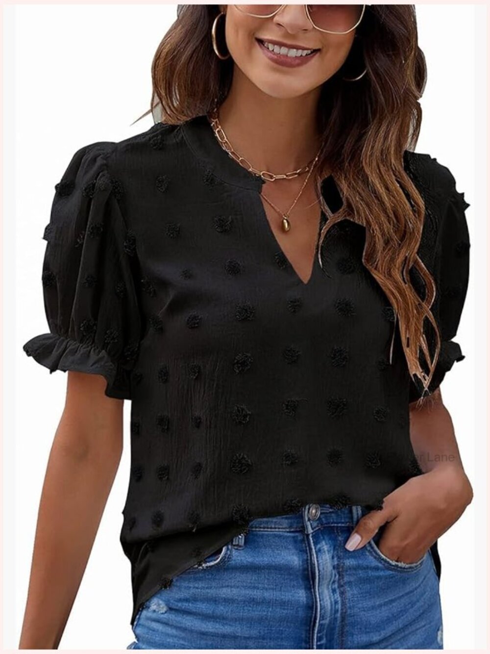 Puff Sleeve Polka Dot Blouse Dressy Casual Summer Top V Neck Blouse